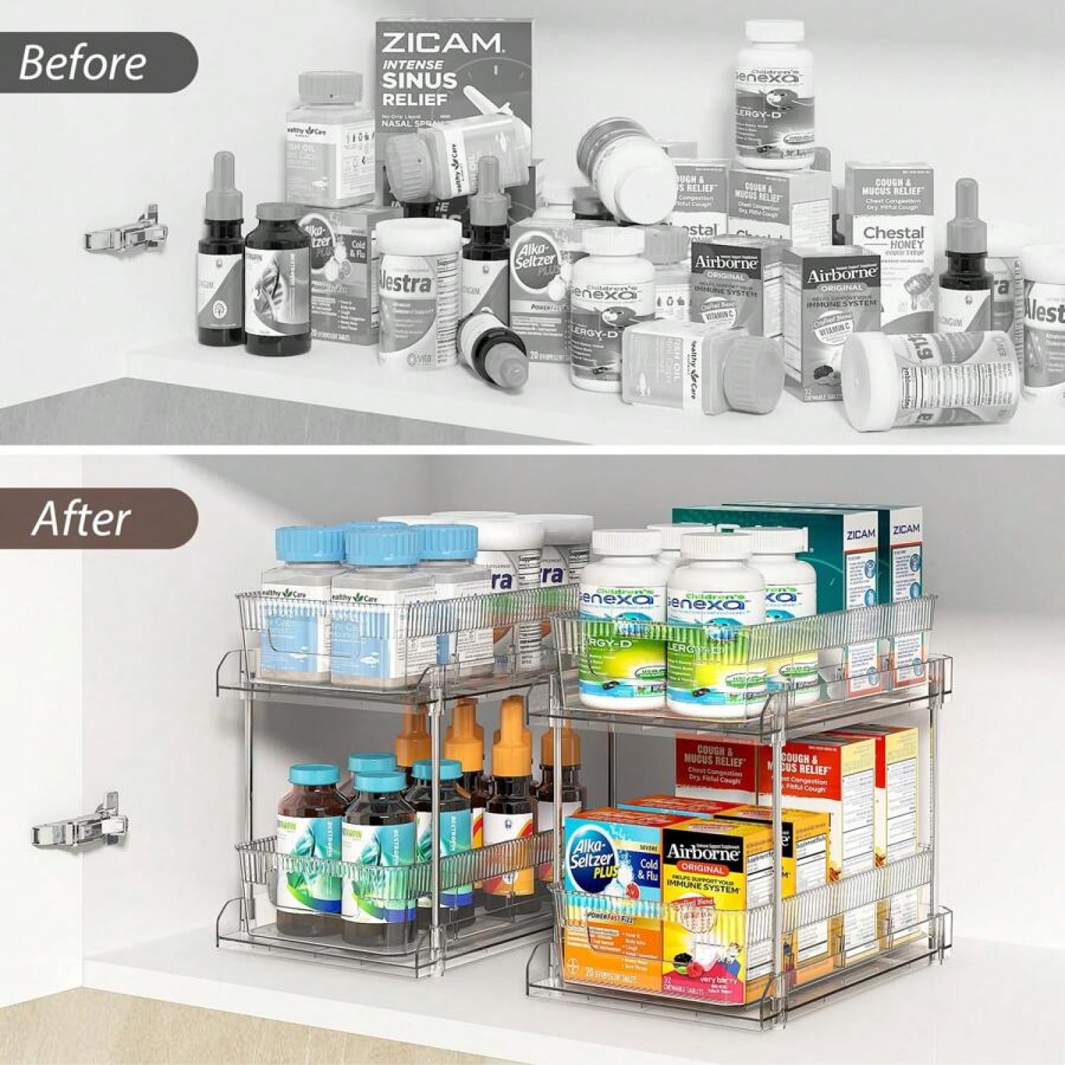 3 Pcs 2 Tier Bathroom Organizer With Dividers, Clear Under Sink Organizers Storage Slide Out Bathroom Vanity Counter Storage Container For Kitchen Pantry Cabinet Closet, Medicine Organizer