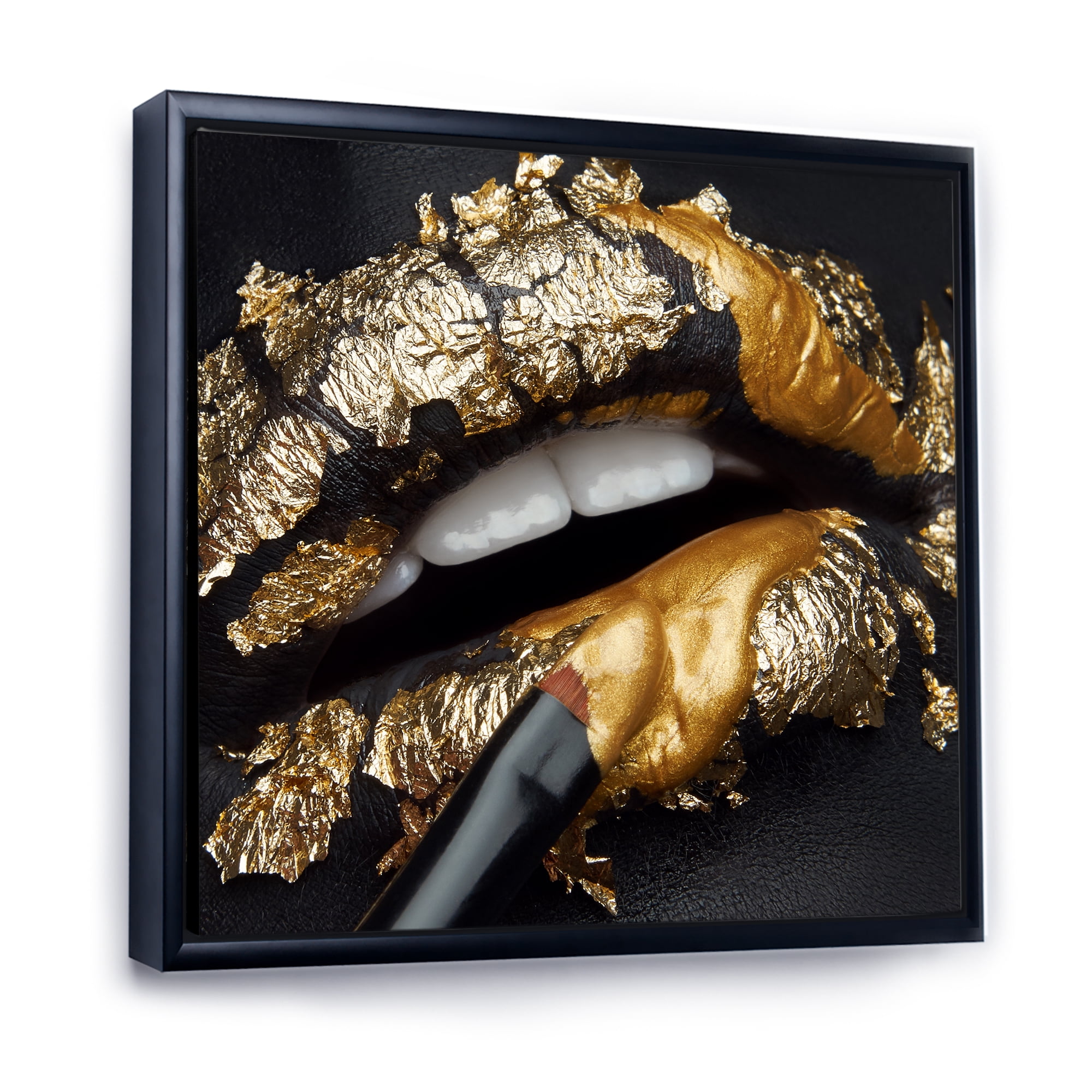 Designart 'Female Lips With Black Leather and Gold Foil' Modern Framed Canvas Wall Art Print