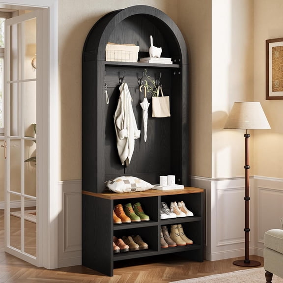 Finmind 70.87" Arched Hall Tree with Bench, 4-in-1 Coat Rack with Shoe Storage & Hooks, Black & Brown