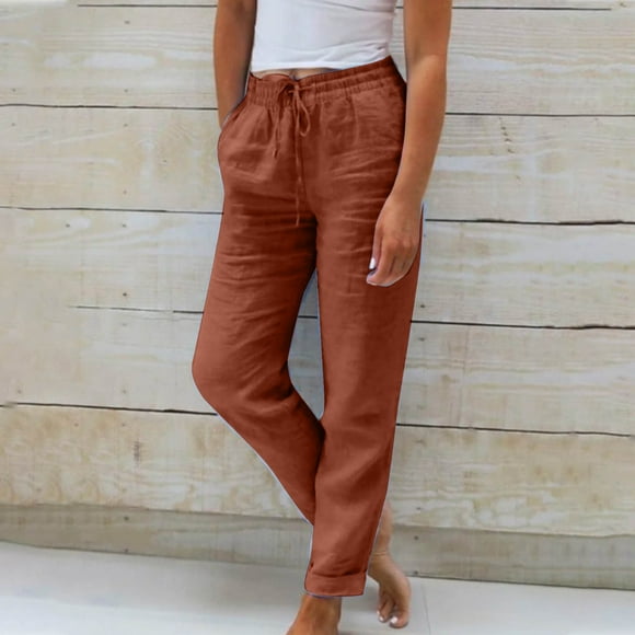 LOVZFMLL Women's Pants, Spring Solid Color Elastic Waist Linen Versatile Straight Leg Casual Wide Leg Pants Red, S