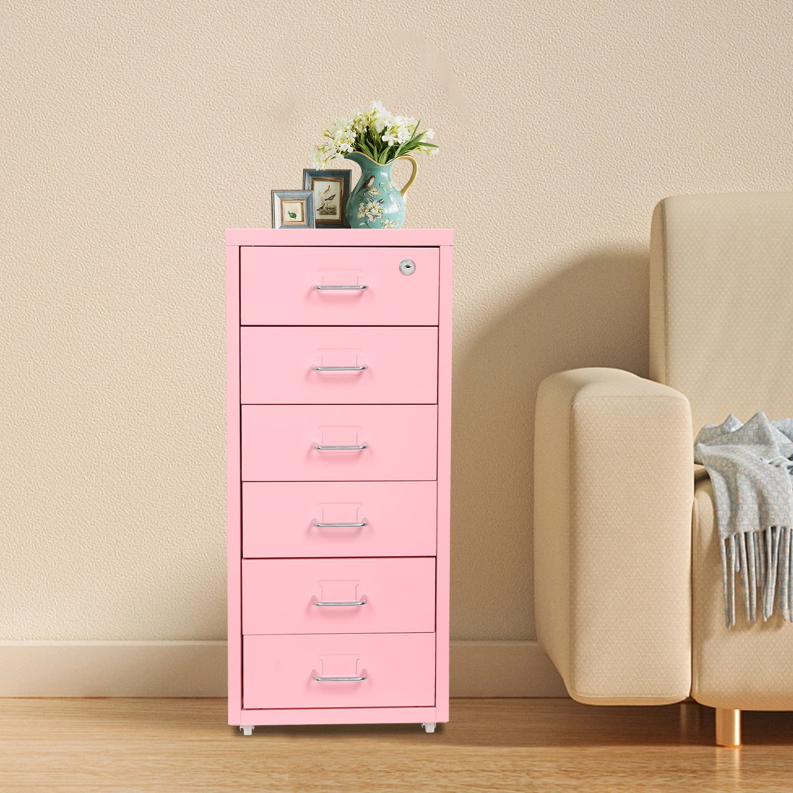 6 Drawers File Cabinet with Lock Rolling Mobile Filing Cabinet with Wheels Under Desk Vertical Filing Cabinet for Office/Home Metal Mobile Storage File Organizer for Home Office, 11*16*27in