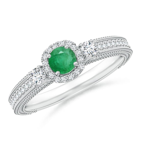 ANGARA Natural Vintage Inspired Round Emerald Halo Ring with Filigree in 14K White Gold for Women (Size-4mm) | May Birthstone, Birthday, Anniversary, Jewelry Gift for Women | Natural Emerald Ring