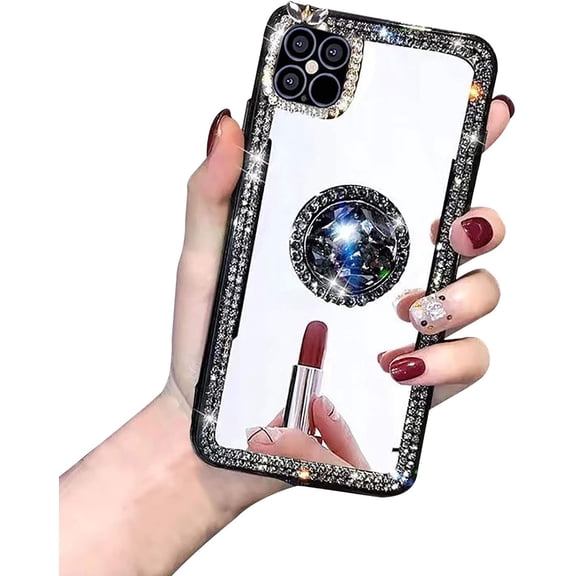 Bling Glitter Diamond Case for Samsung Galaxy S23 5G,Women Girls Makeup Mirror Phone Case with Ring Holder Stand Black,Sparkle 3D Handmade Rhinestone Flexible TPU Bumper Cover