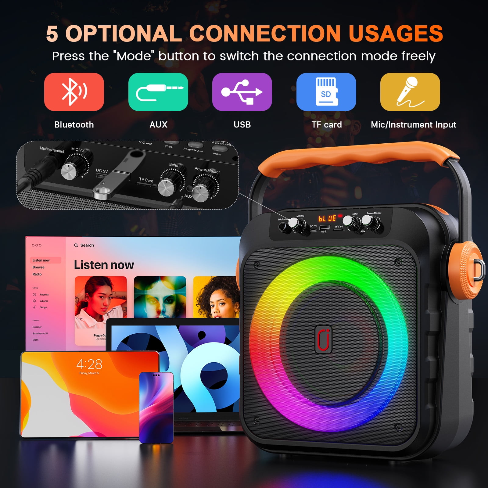 JAUYXIAN Karaoke Machine for Adult Kids, Karaoke System with 6.5'' Subwoofer, Bluetooth Speaker with 2 Microphone, Party Light, MS80