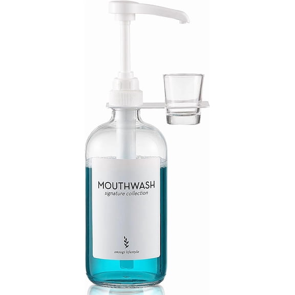 TT - Glass Mouthwash Dispenser with Cup Holder and Pump, 16 Oz Rustic Boho Mouthwash Dispenser for Bathroom Farmhouse Decor - 1 Pack Clear