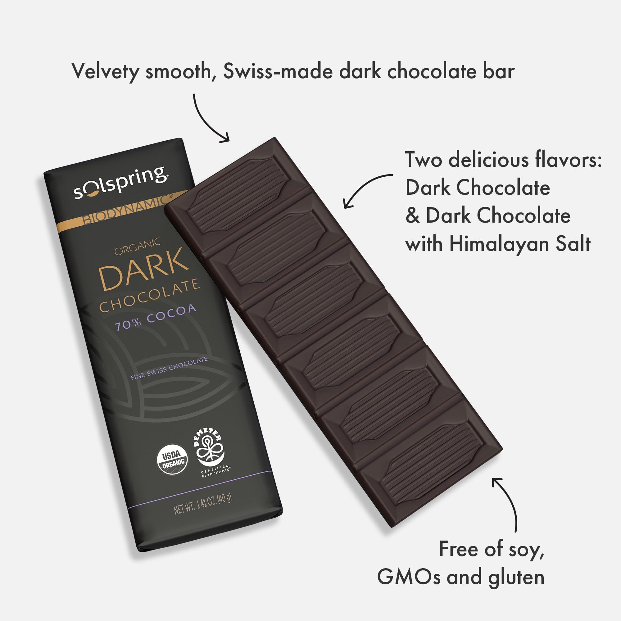 Dr. Mercola Solspring Dark Chocolate Bars - Biodynamic Organic Chocolate Snack - 70 Percent Cocoa - Cane Sugar - Gluten-Free, Non-GMO & Soy-Free - 1 Box (12 Bars)