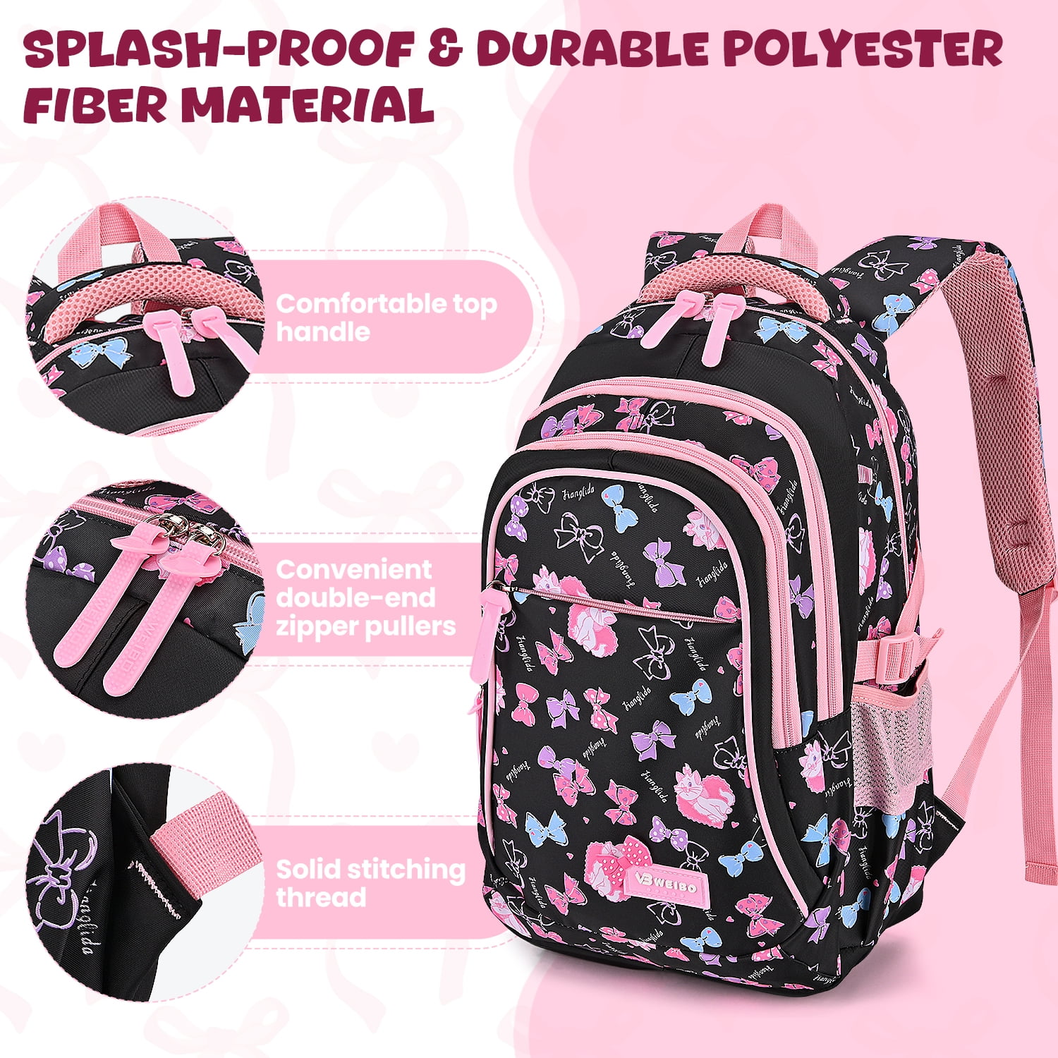 Kids School Backpack Set for Girls, 3 in 1 School Bag with Lunch Bag & Pencil Case for Primary Middle Students - Black