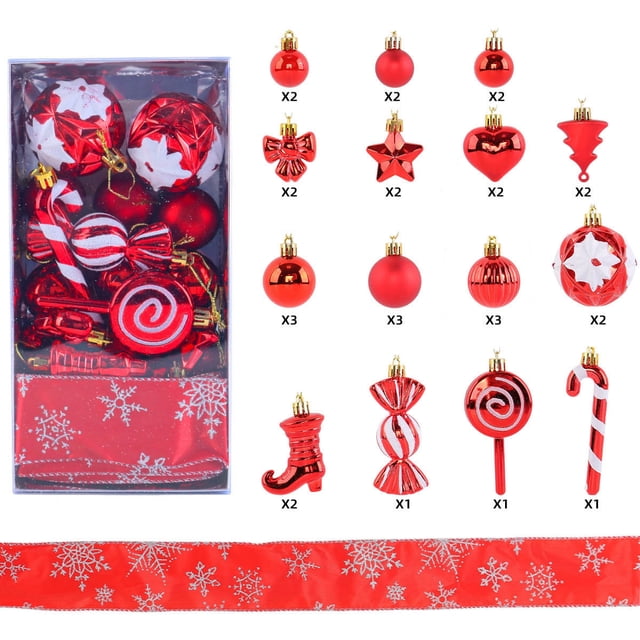 Christmas Ornament Set, Assorted Shapes, Painted Design, Candy Cane and Ball Decorations, for Holiday Tree Decorating, Home Festive Display, Party Decoration, 30 Pieces, Red and White, by Ihhxbs
