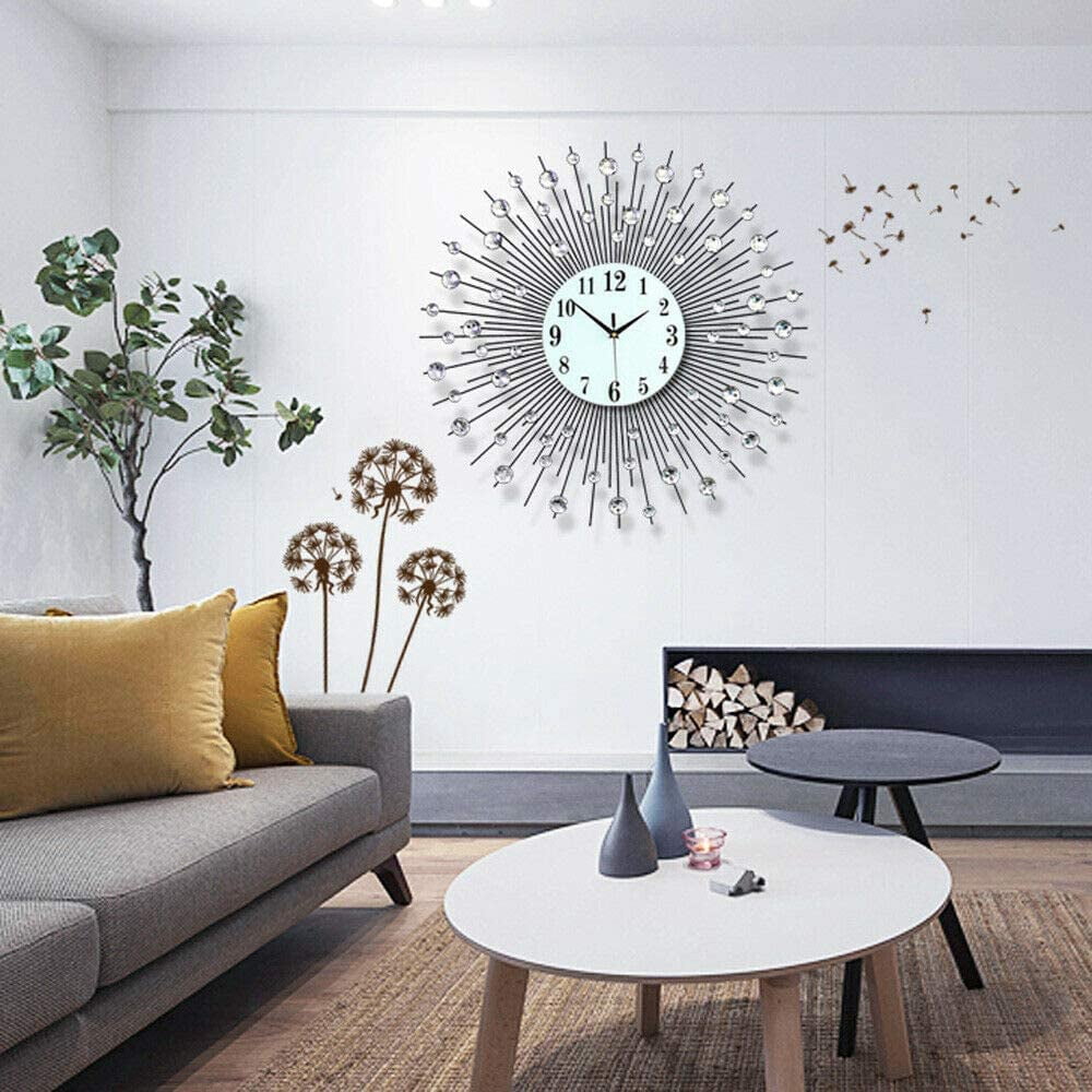 Anqidi 24" Modern Luxury Large Wall Clock, Round Diamond Non-Ticking Silent Decorative Clock for Living Room Office