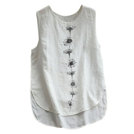 

LBECLEY Flare Womens Round Neck Vintage Tanks Tops Women Daisy Print Summer Sleeveless Blouse Shirt Casual Cotton Linen Female Loose Vests Robe Leather Corset Top White M