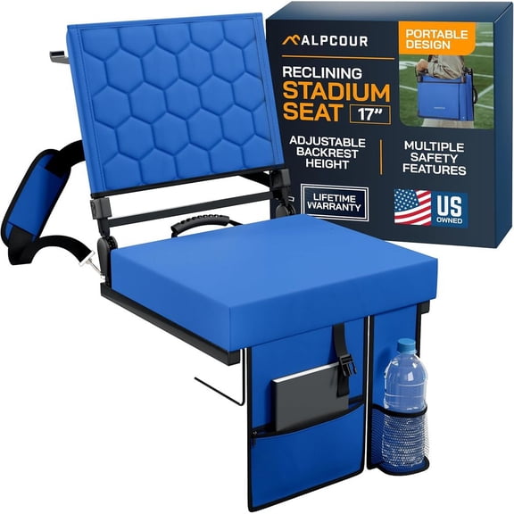 Folding Reclining Stadium Seat with Back Support for Bleachers 3 Adjustable PositionsPortable Outdoor Chair with Pockets Cup Holder Carry Straps for Sports Camping, Beach