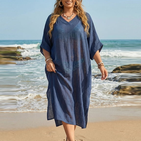 Gamivast Swim Cover up for Women Plus Size Full Coverage Kaftan Cover up Dress Beach Coverups V Neck Loose Beachwear Vacation Cruise Resort Swimsuit Cover up Beach to Boardwalk