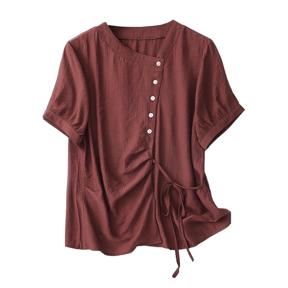 Women's Tops, Women's Cotton Linen Shirts Cheongsam Blouse Chinese Style Plain Short Sleeve Side Lace Up Button Down Qipao Tops