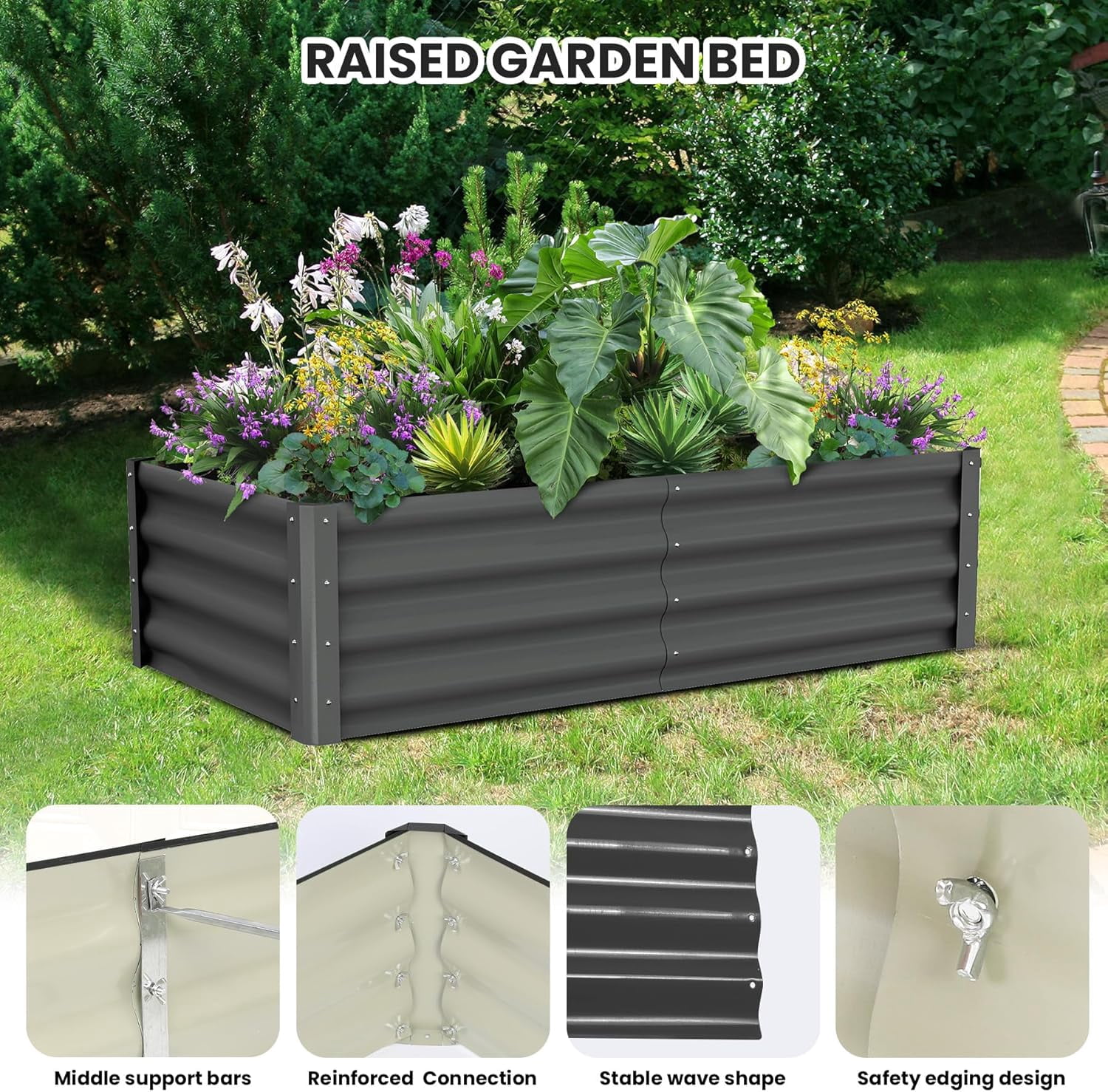 Acekid Raised Garden Bed Set of 2 - 6x3x2FT Galvanized Raised Garden Bed, Large Outdoor Planter, Open Base, Safety Edge, Gardening Glove