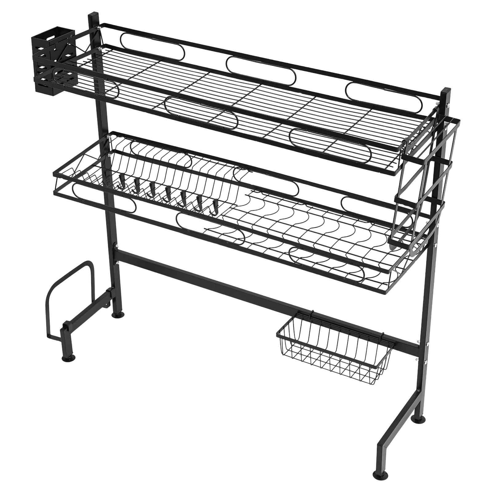 2-Tier Over Sink Dish Drying Rack – Heavy Duty Carbon Steel Kitchen Organizer with Adjustable Anti-Slip Feet, High Guardrail & Multi-Basket Storage, Black