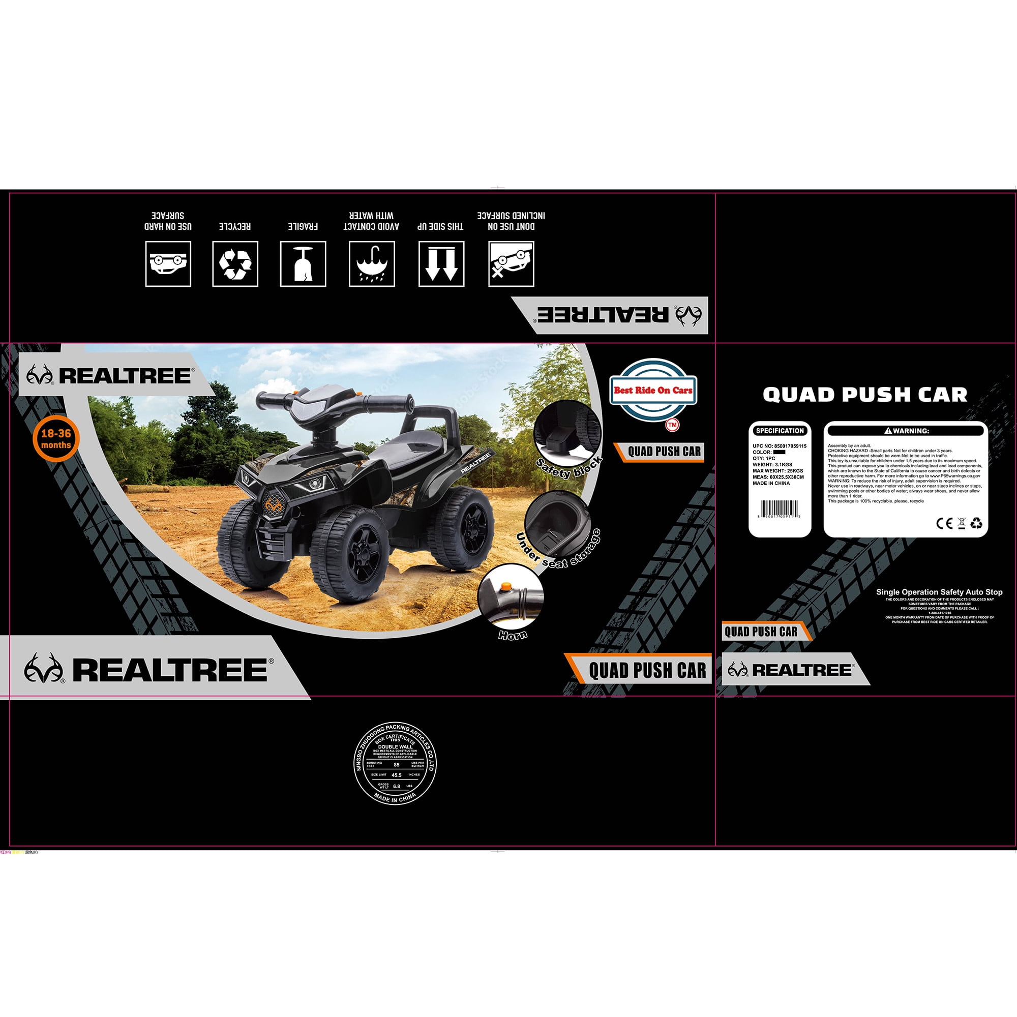 RealTree: Quad Push Car - Black - Foot-To-Floor Ride-On Toy, 4 Wheeled ATV Vehicle, Reastic Engine Sound, Walker Handle, Licensed, Toddlers-Kids 12mo+