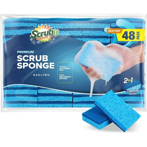 SCRUBIT Premium Scrub Sponges Non-Scratch Kitchen Sponges with Scour Pads, Blue 48-Pack