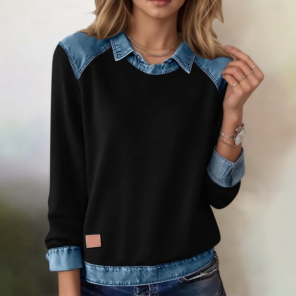 YMNXA Womens Denim Sweatshirt Long Sleeve Lapel Patchwork Comfortable Fashion Pullover Top For Daily Wear Black L