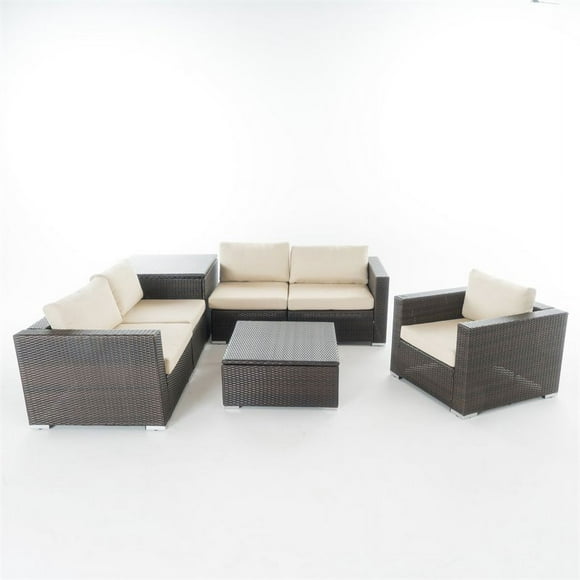 Noble House Santa Rosa 5 Seater Multibrown Wicker Sectional with Beige Cushions