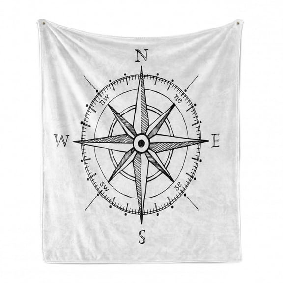 Compass Soft Flannel Fleece Blanket, Hand Drawn Compass Windrose North and South East West Directions Black and White, Cozy Plush for Indoor and Outdoor Use, 50" x 70", Black White, by Ambesonne