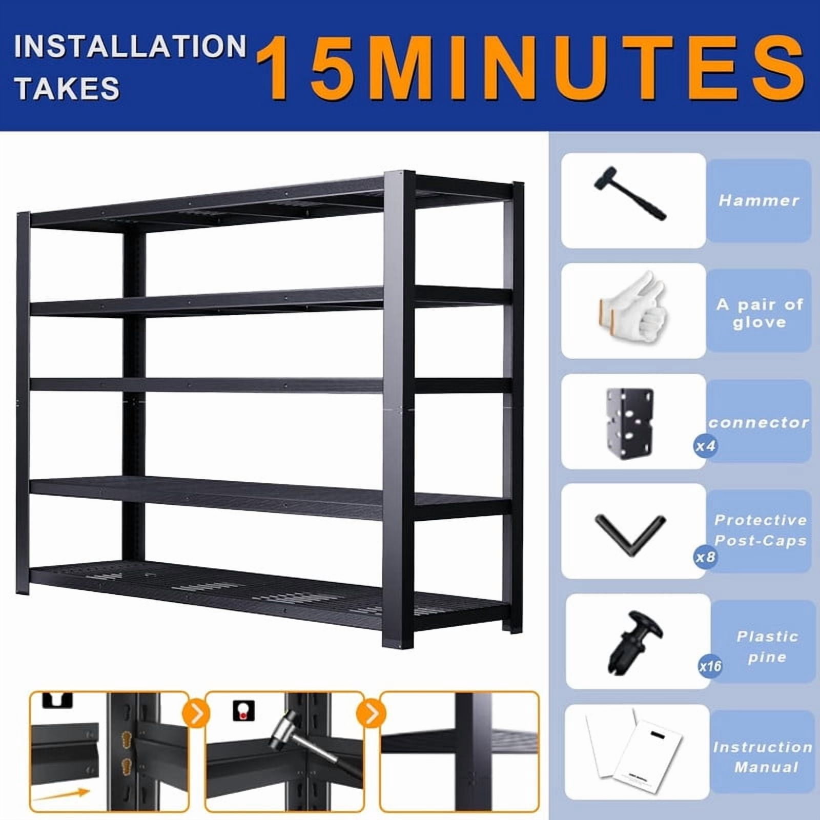 72''H Garage Shelving Unit, Black Storage Shelf, 5 Tiers Storage Racks, Free Standing Heavy Duty Metal Adjustable Shelves