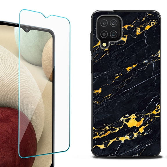 Slim-Fit Flexible TPU Gel Phone Case (black) for Samsung Galaxy A12, with Tempered Glass Screen Protector, by OneToughShield ® - Marble / Lava