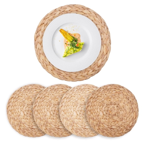 Set of 4 Natural Round Woven Placemats, Water Hyacinth Boho Wicker Table Mats, 11.8 inch Dining Table Place Mats
