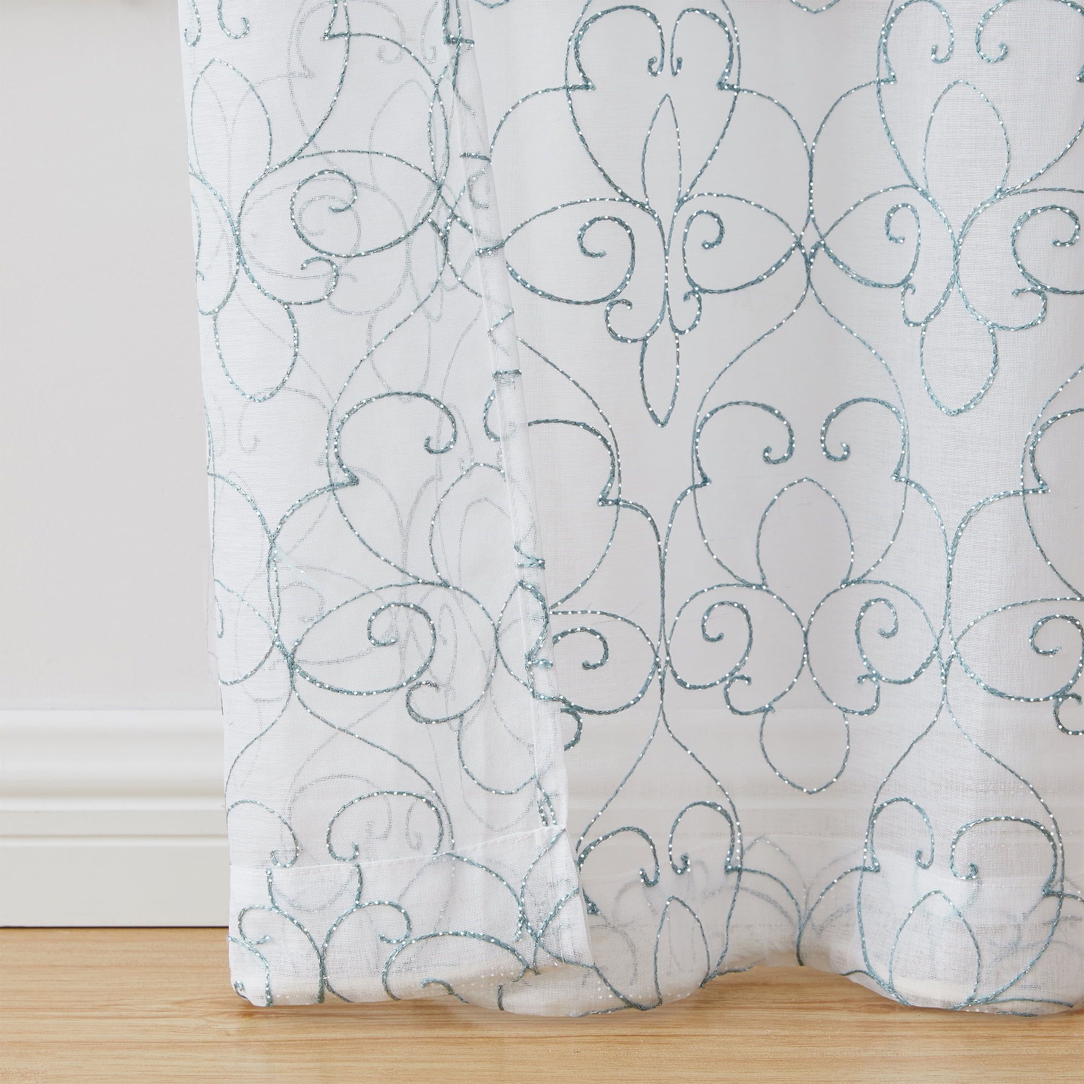 (2 pack) Mainstays Modern Scroll Rod Pocket Sheer Curtains, Set of 4, Aqua, 28" W x 54" L