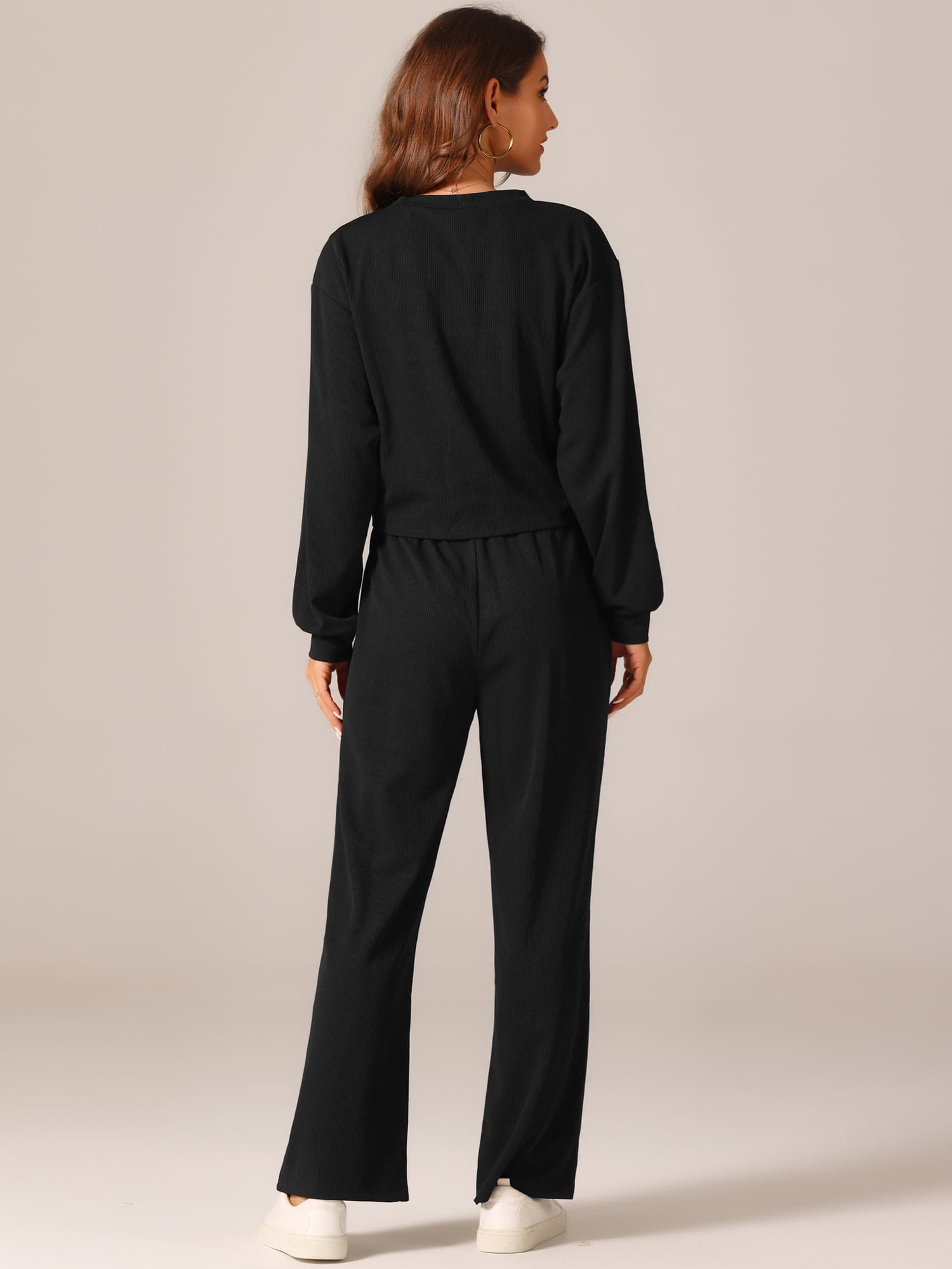 DARING DIVA Women's 2 Pcs Sweatsuit Cropped Sweatshirt and Wide Leg Pant M Black