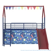 Miniyam Kids Twin Loft Bed with Slide and Curtain, House-Shaped Metal Frame Bunk with Guardrails, Ladder, Red