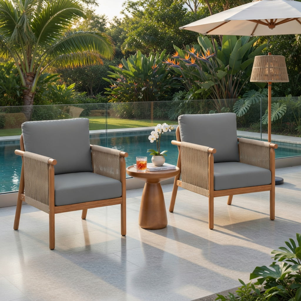 Hommoo Acacia Wood Patio Chair with Woven Rope Armrests, Ergonomic Outdoor Dining Chair for Backyard, Balcony, Porch, Gray