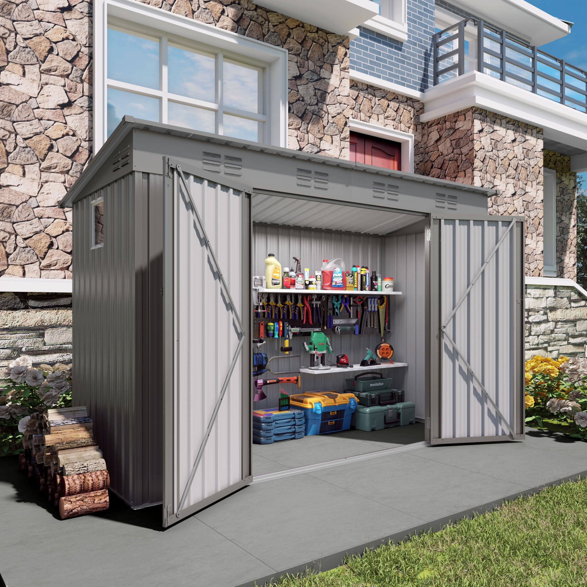 MAYEERTY 4x9 FT Metal Outdoor Storage Shed, Galvanized Steel Garden Shed with 6 Vents & Lockable Doors, for Backyard, Garden, Patio & Lawn