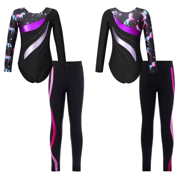 iixpin Kids Girls Rhinestone Long Sleeve Gymnastic Leotard with Athletic Leggings Dance Skating Costume Tracksuit Purple&Hot Pink 12