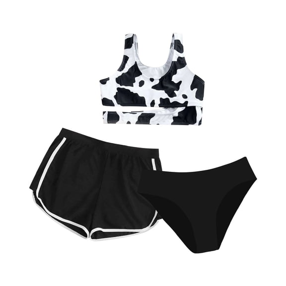 Coerni 3-Piece Girls Cute Cow Print Swimsuit Bikini & Cover up Shorts Summer Hawaiian Beach Active Swimming Outfits