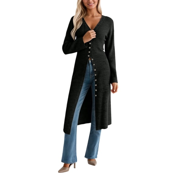 QHFBli Womens Long Cardigan Sweaters Oversized Bell Sleeve Open Front Button Down Casual Knit Fall Midi Dress