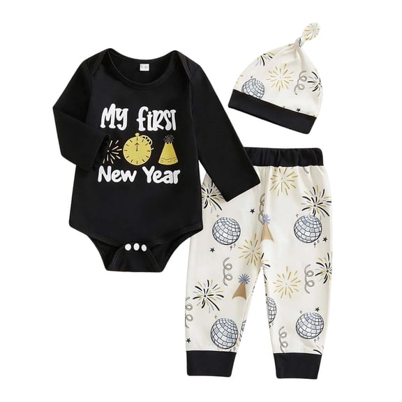 Tiijoy Baby Boys New Year Outfits Cotton Long Sleeve Romper Pants Hat 3Pcs Set, Sizes 9-12M