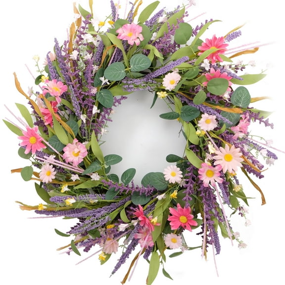 Idyllic 22inch Artificial Spring Wreath Lavender with Colorful Flowers,Green Leaves for Front Door Home Wall Party Decor