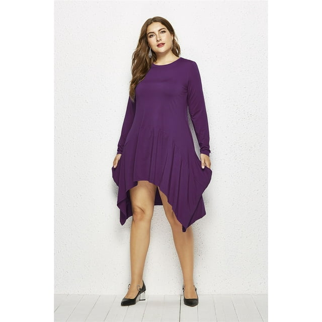 U.Vomade Robe d'Automne pour Femme Grande Taille, Couleur Unie, Col Rond, Manches Longues, avec Poches