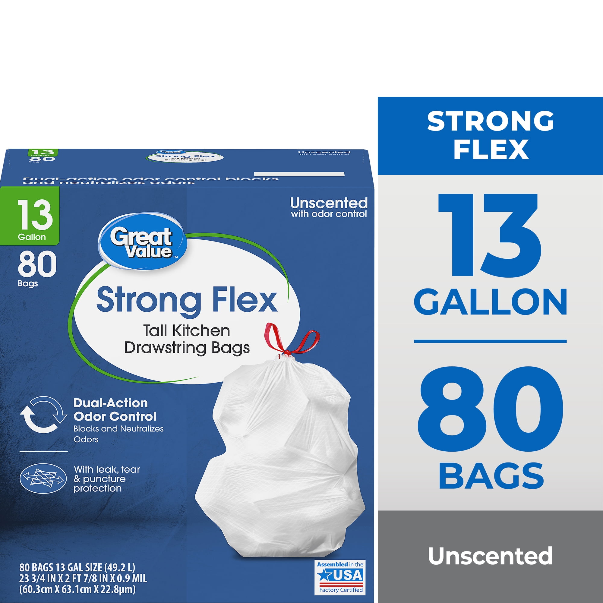 Great Value 13 Gallon Drawstring Kitchen Wastebasket Liners, White, Unscented, 80 Count