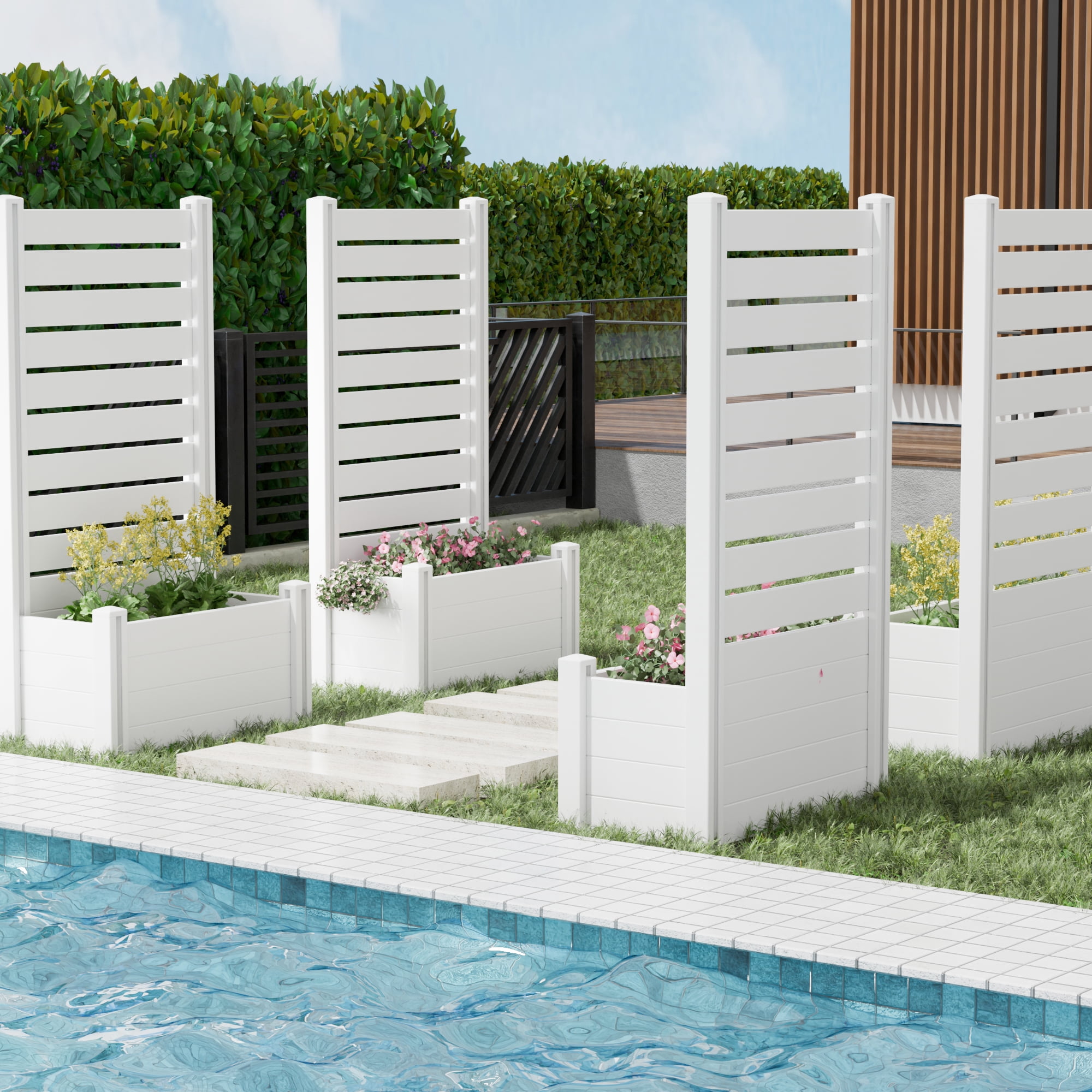 MAYEERTY Outdoor White PVC Rectangular Planter Box with Trellis for Climbing Plants, Raised Garden Bed