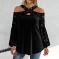 thumbnail image 2 of Fiaer,Plus Size off Shoulder Sexy T Shirts for Women,Women's Sequin Spliced Long Sleeve Trendy Tshirts,Womens Loose Fit Going out Ruffle Hem Tops Black L, 2 of 7