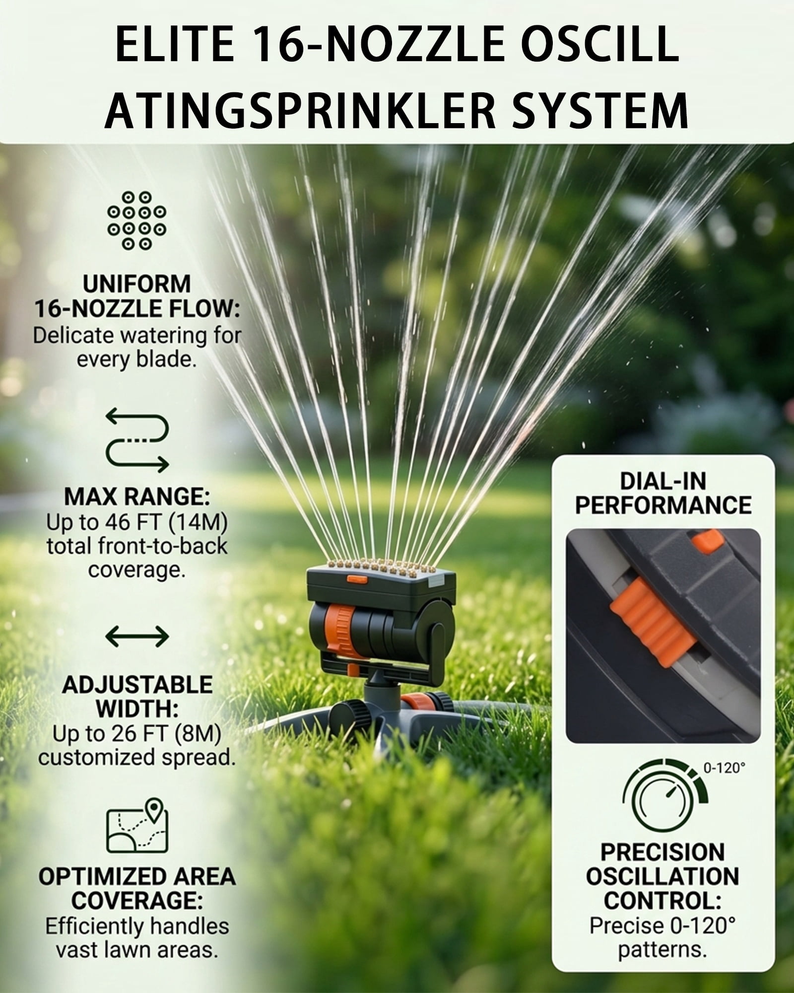 16-Nozzle Oscillating Sprinkler, Adjustable Water Sprinkler for Lawn Yard Garden Watering , Motion Activated Sprinklers with 4 Spray Modes & Dual Filtration, 16 Mini Turbine, Wide Area Coverage - #B