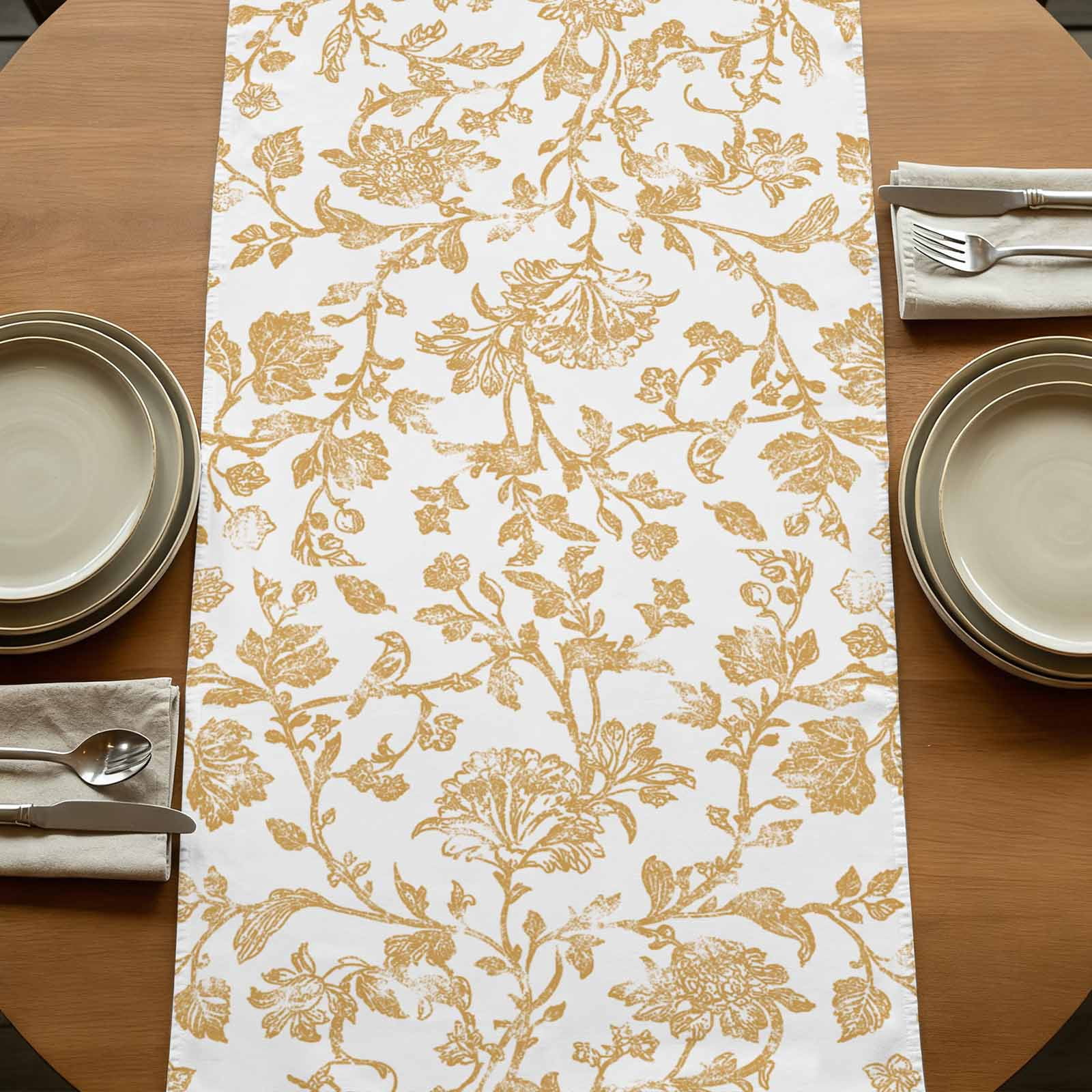 Orange Flower 120 Inch Table Runner, Vintage Farmhouse Boho Leaf Spring Plant Farmhouse Dresser Scarf Cotton & Linen Tablerunner for Dining/Kitchen Island/Holiday Party Décor 13" x 120"