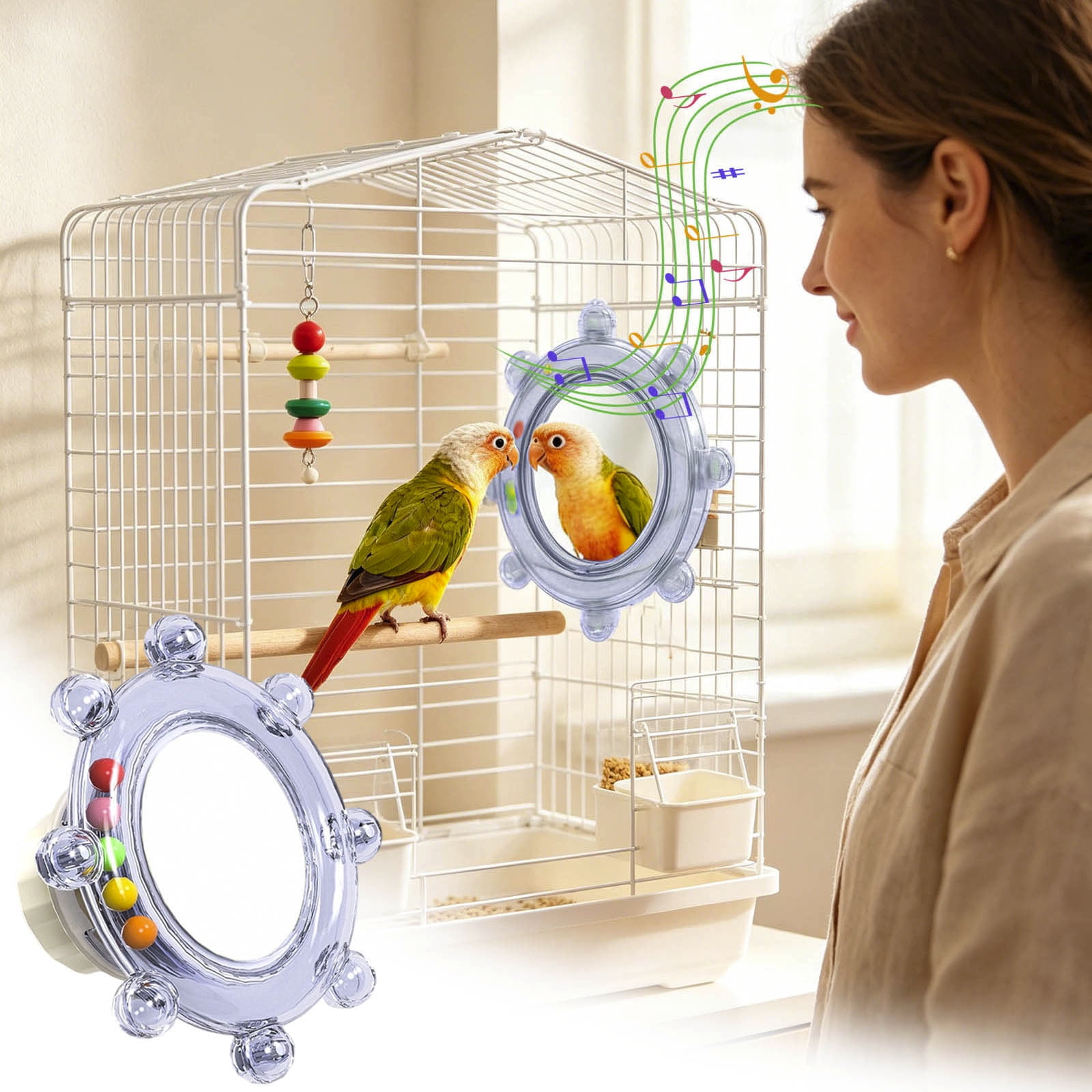 Bird Cage Mirror Toy With Spinning Wheel, Interactive Hanging Toy For Pet Birds, Colorful Cage Accessory For Parrots & Finches,8.5Cm