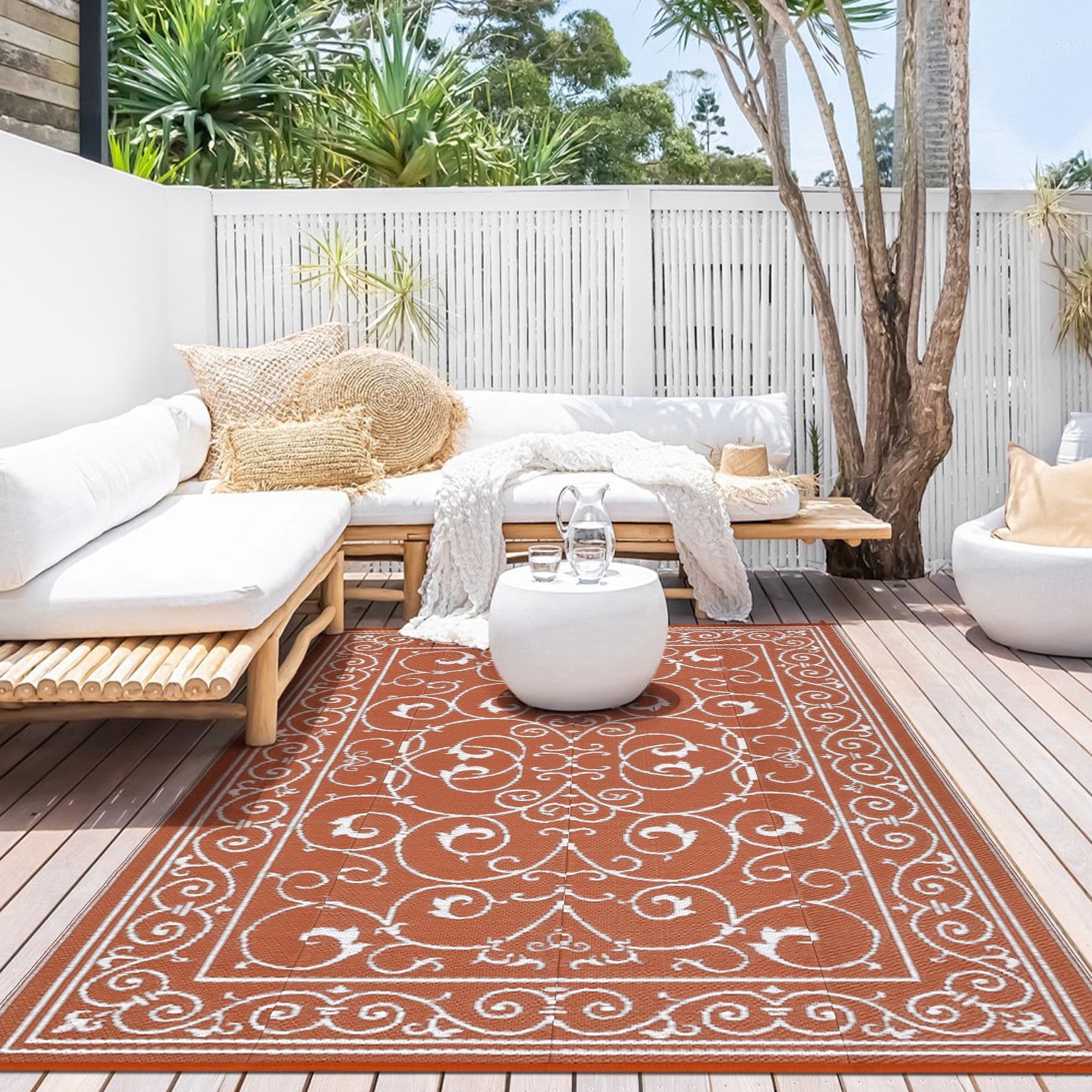 Nanan 9x18 Outdoor Rug, Waterproof UV Protected Fade Resistant Reversible Plastic Straw Patio Mat for RV, Camping, Deck, Yard, Garden, Balcony, Poolside, Brick Red