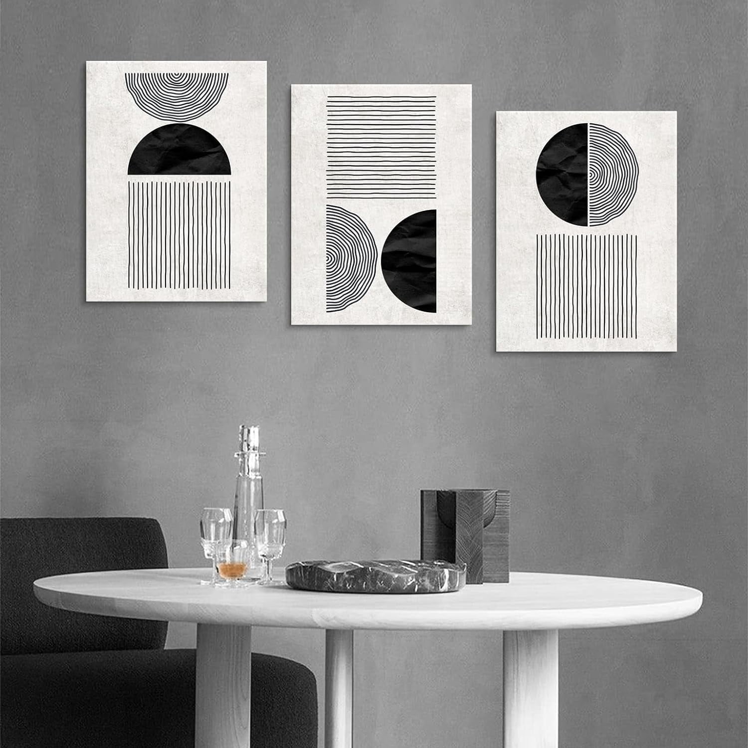 Black and White Wall Art Canvas Set Mid Century Boho Pictures Modern Geometric Lines Half Circles Wall Decor Minimalist Bohemian Abstract Painting for Living Room Bedroom Office 12"x16"x3Pc