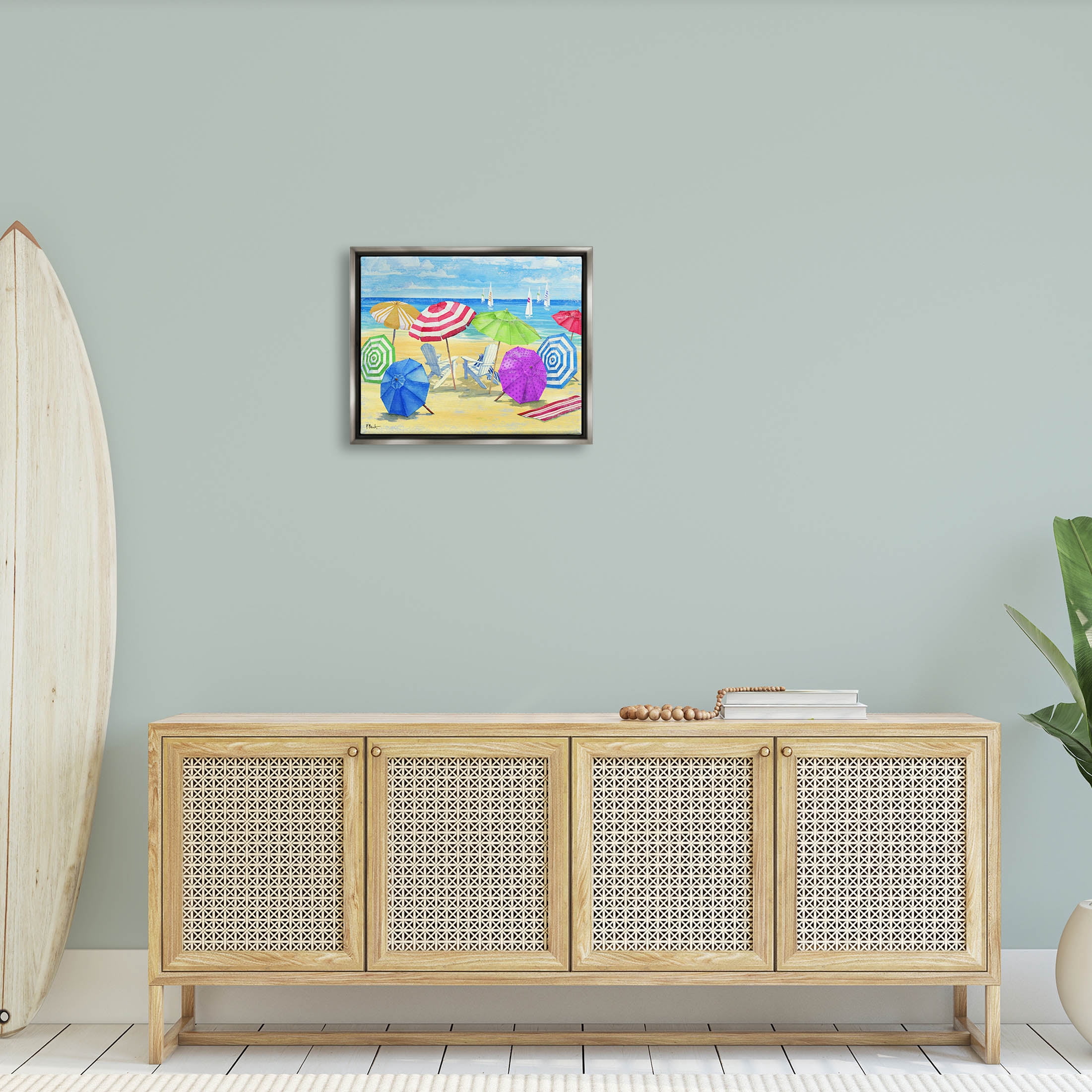 Stupell Industries Umbrella Coast Vibrant Beach Landscape Painting Luster Gray Floating Framed Canvas Print Wall Art, Design by Paul Brent