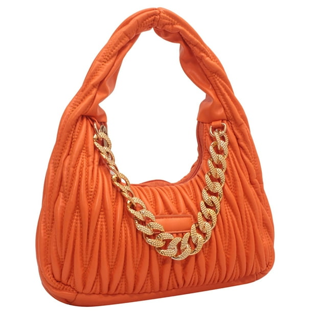 Bolso Media para Mujer Cadena Plisada Bolso Mano PU para Mujer Bolsos Mano (naranja)