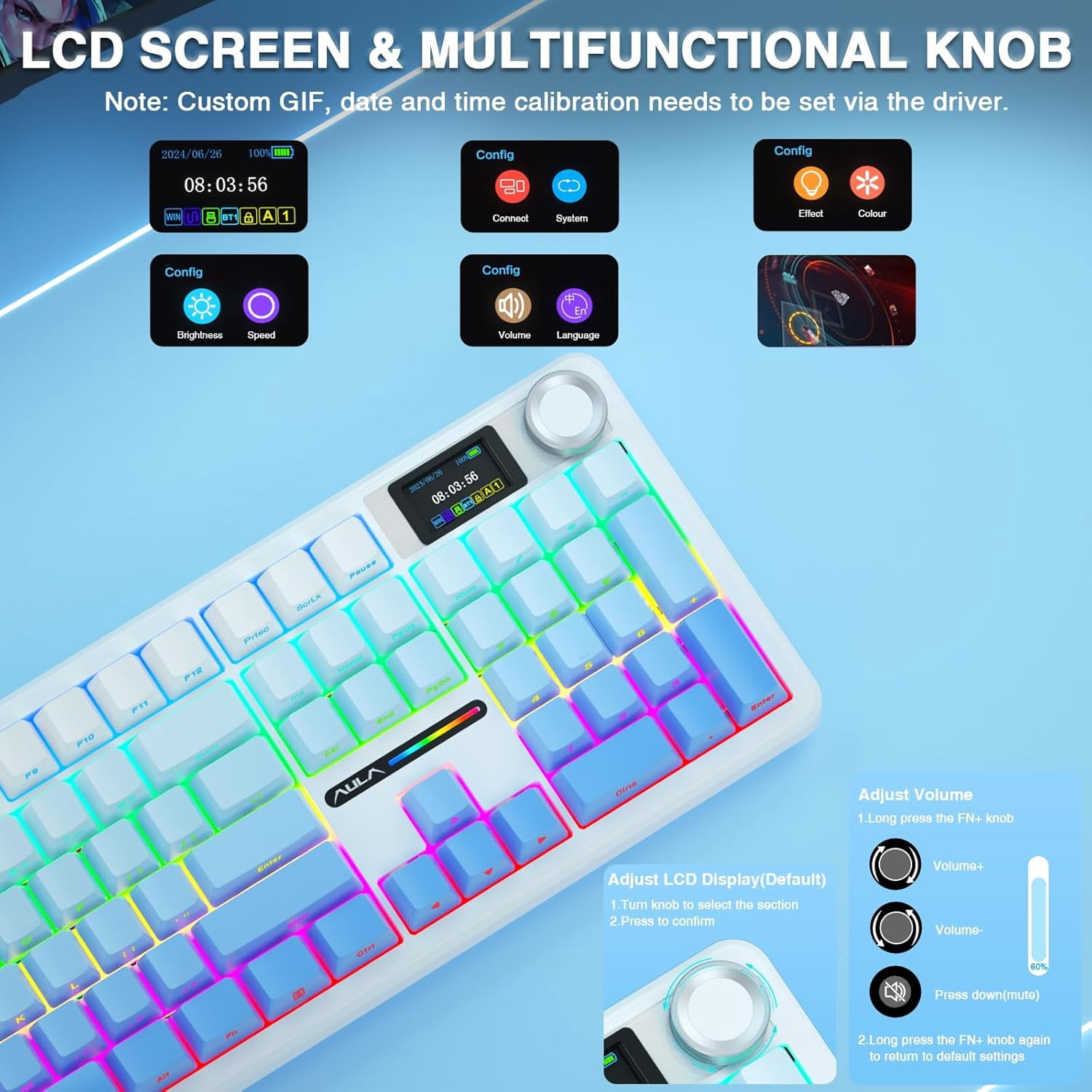 Restored AULA F108 PRO - Wireless Mechanical Keyboard with Screen&Knob,Hot Swappable Gaming Keyboard with 8000mAh Battery,Pre-lubed Switches,RGB Backlit,PBT Keycaps Creamy Sounding Computer Keyboards (Refurbished)