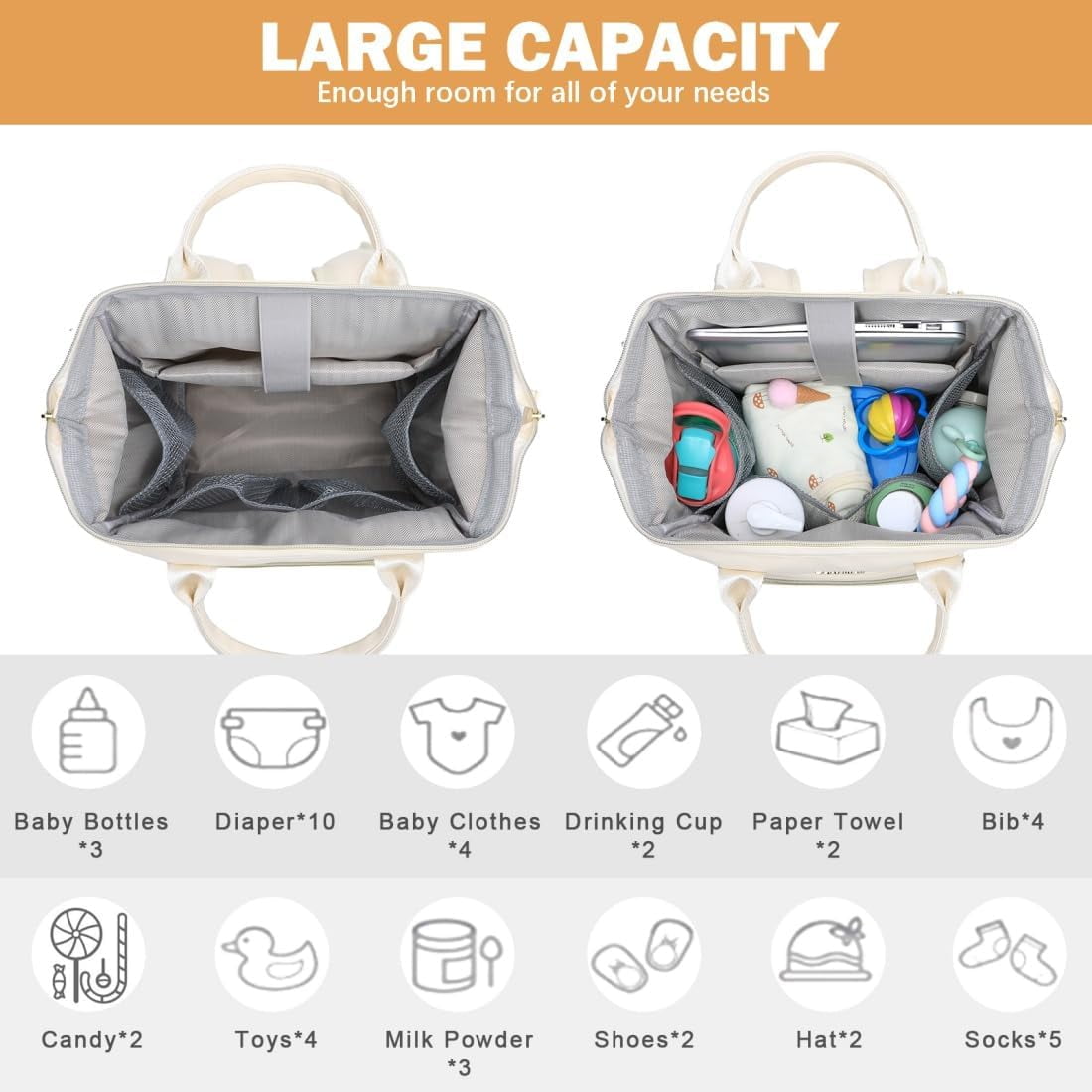 Baby Diaper Bag Backpack, Vegan Leather Diaper Backpack with Laptop Compartment 15.6 inch, Baby Bag Large Capacity, Waterproof Travel Backpack (Beige)